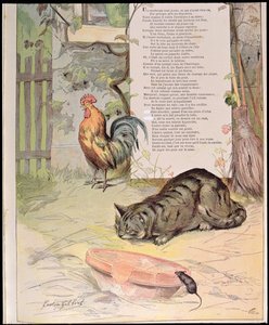 O Galo Jovem, o Gato e o Rato Jovem, de &39;Fábulas&39; de Jean de La Fontaine (1621-95) 1888 (gravura colorida)